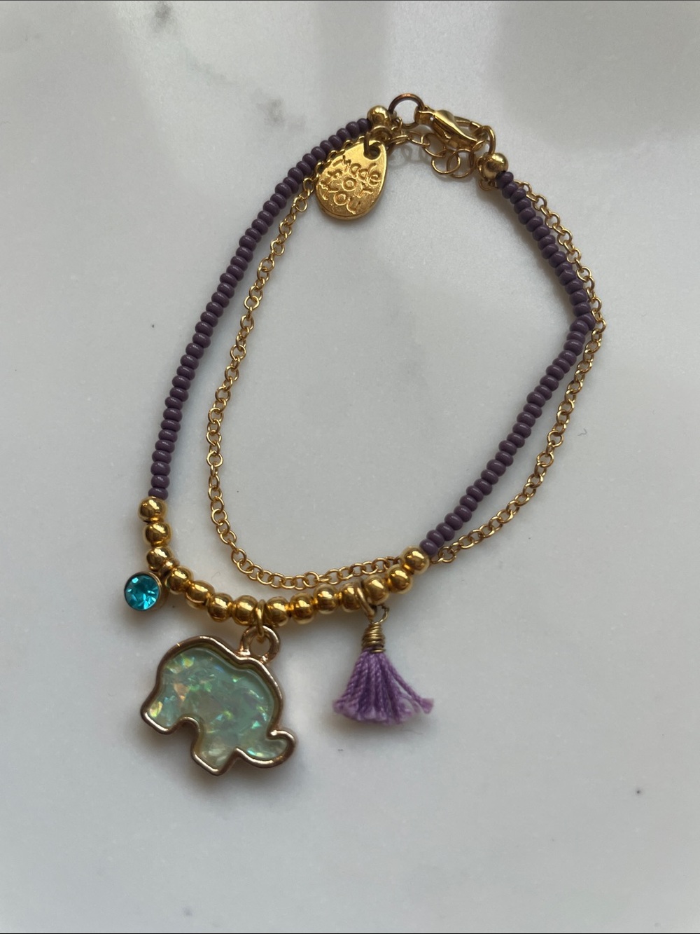 Gold plated Purple Elephant Charm Bracelet with Turquoise Accent